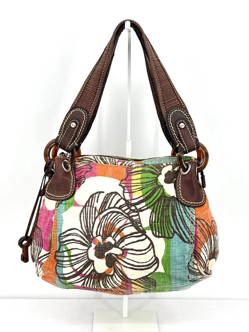 Canvas Floral Multicolor Shoulder Bag with Brown Trim